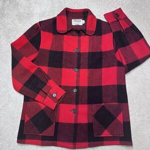 Vtg Amana Woolen Mill Womens Wool Jacket Sz 38 Med Buffalo Plaid Red Black Chore